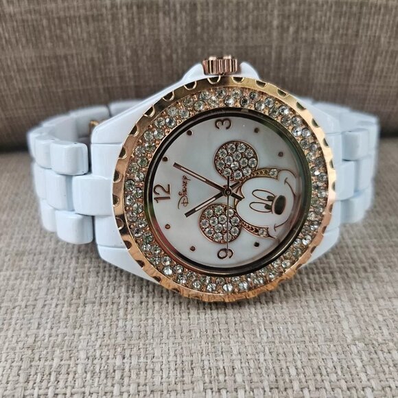 Minnie Mouse Disney Wristwatch White Band Crystals Accent Bezel Analog Watch - Picture 2 of 11